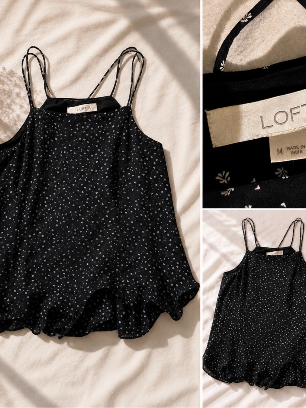 LOFT Black Spaghetti-Strap Floral Dot Ruffle-Hem Camisole